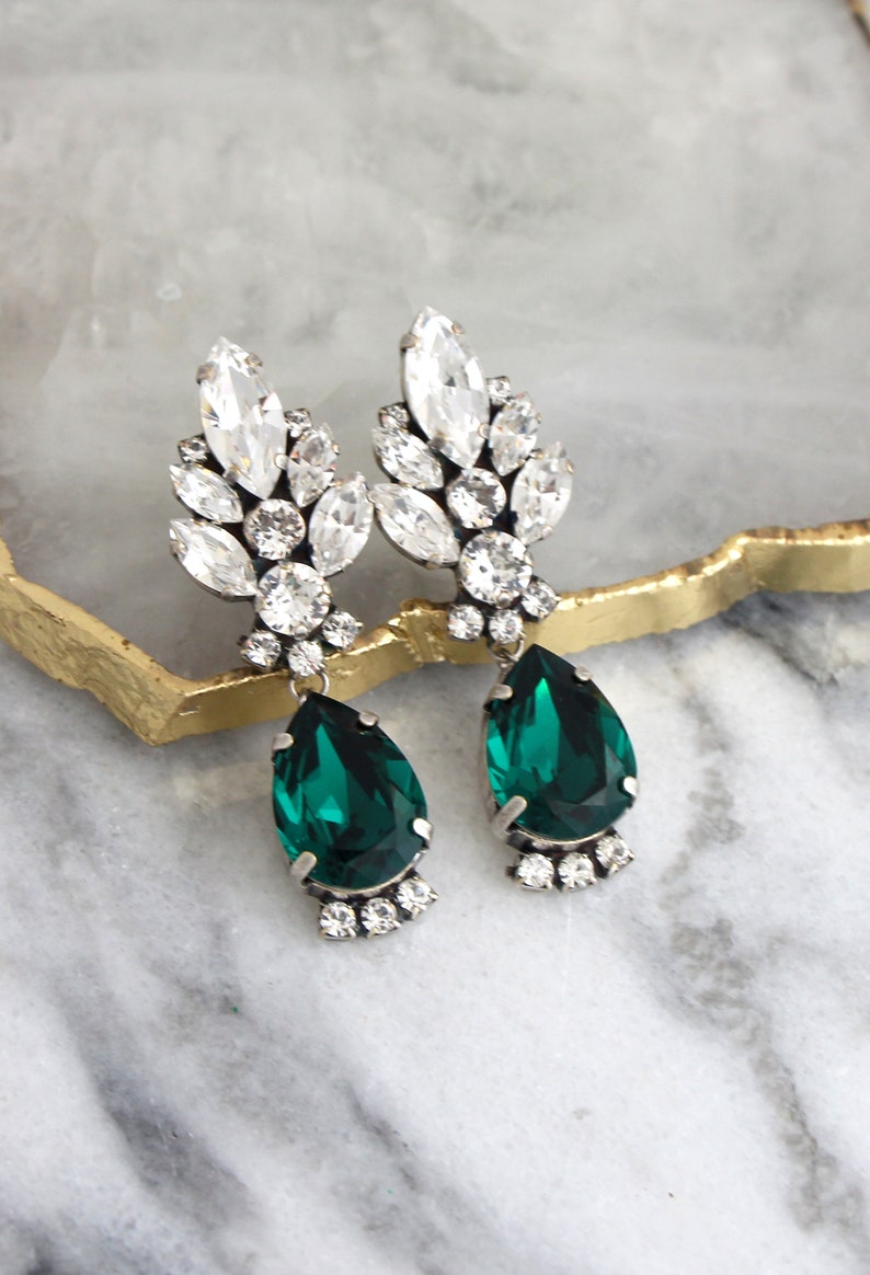 Emerald Earrings, Bridal Emerald, Green Emerald Chandelier Earrings, Green Bridal Earrings, Emerald Crystal Chandelier Crystal Earrings image 3