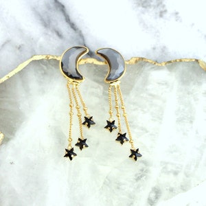 Moon Star earrings, Moon Stars Crescent Earrings, Moon Studs, Black Gold Earrings, Crystal Moon Stud Earrings, Gift For Her, Star Earrings image 4