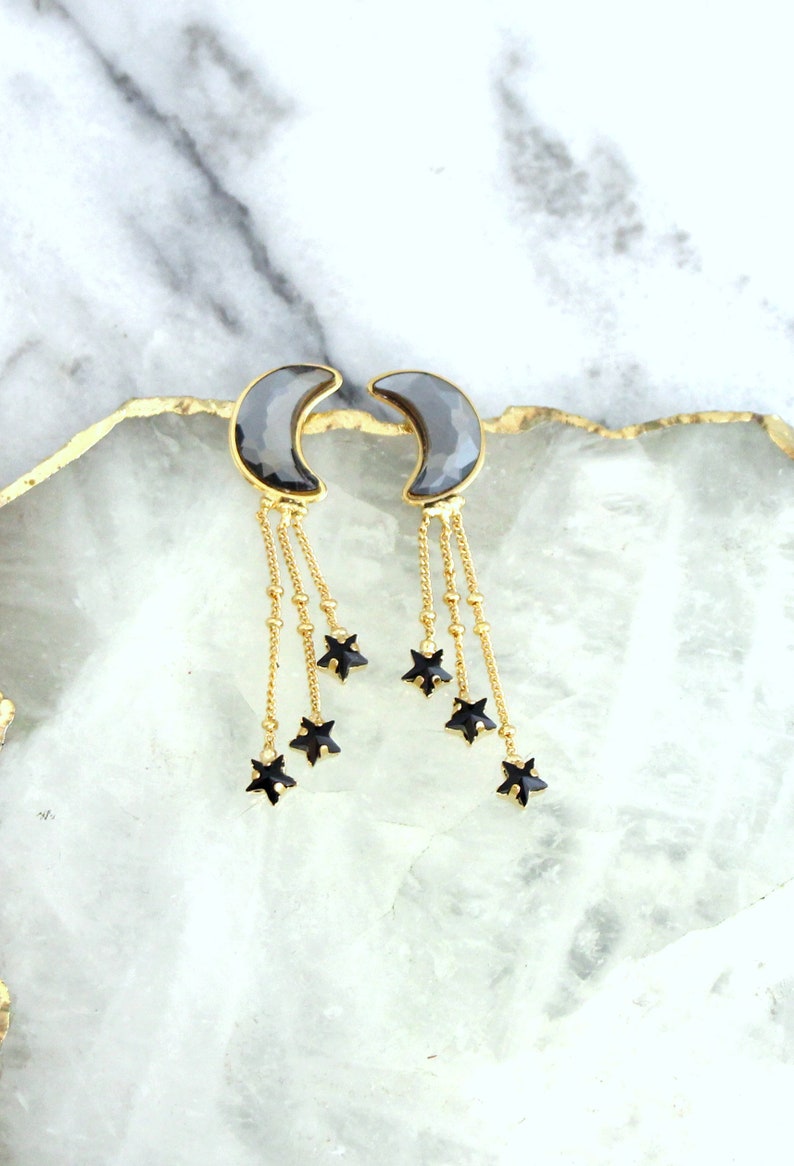 Moon Star earrings, Moon Stars Crescent Earrings, Moon Studs, Black Gold Earrings, Crystal Moon Stud Earrings, Gift For Her, Star Earrings image 4