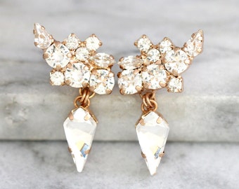 Boucles d’oreilles d’escalade, boucles d’oreilles d’escalade nuptiale, boucles d’oreilles de mariée en cristal clair, boucles d’oreilles en or rose nuptiale, boucles d’oreilles de mariée Cluster Gold Drop