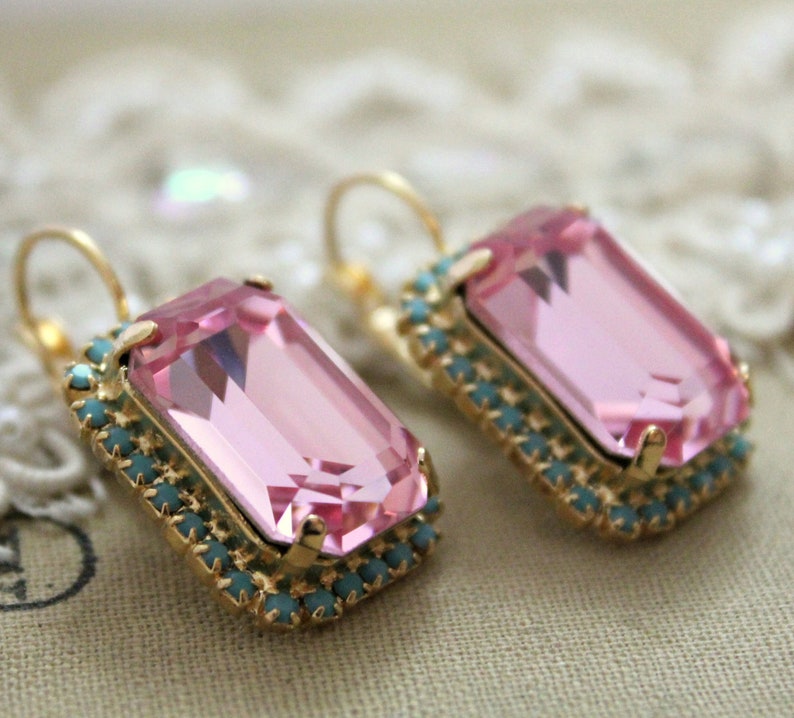 Pink Crystal Earrings, Pink Turquoise Drop Earrings, Pink Rosr Octagon Earrings, Mother of the Bride Earrings, Light Rose Earrings image 3
