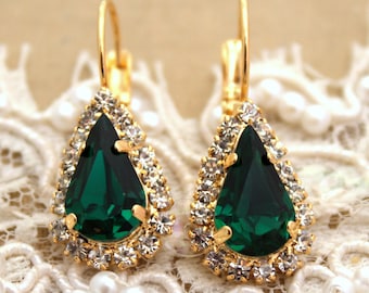 Emerald Earrings, Emerald Drop Crystal Earrings, Emerald Bridal Earrings, Dark Green Earrings, Teardrop Emerald Earrings, Green Earrings