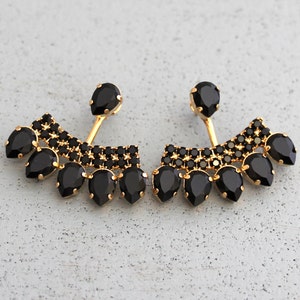 Ear Jacket Earrings, Black Gold Ear Jackets, Black Gold Crystal Earrings, Trending Jewelry, Gift for her,Black Earrings, Gold Ear jacket
