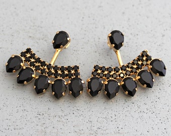 Ear Jacket Earrings, Black Gold Ear Jackets, Black Gold Crystal Earrings, Trending Jewelry, Gift for her,Black Earrings, Gold Ear jacket