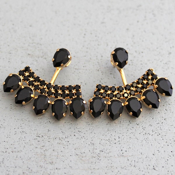 Ear Jacket Earrings, Black Gold Ear Jackets, Black Gold Crystal Earrings, Trending Jewelry, Gift for her,Black Earrings, Gold Ear jacket