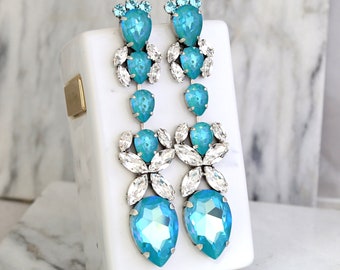 Statement Earrings, Blue Lagoon Chandelier Earrings, Bridal Earrings, Oversize Earrings, Blue LONG Earrings, Blue Crystal Statement Earrings