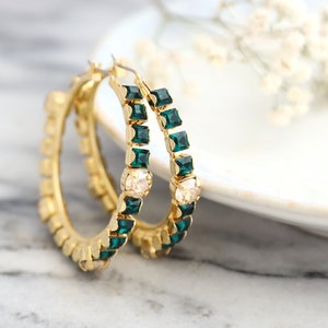 Créoles émeraude, Créoles vertes en cristal, Créoles oversize, Créoles émeraude, Créoles vertes tendance, Cadeau pour elle