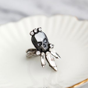 Skull Ring, Skull Gothic Black Silver Ring, Crystal Skull Ring, Gift For Her, Crystal Ring, Sugar Skull Ring, Gothic Silver Adjustable Ring.