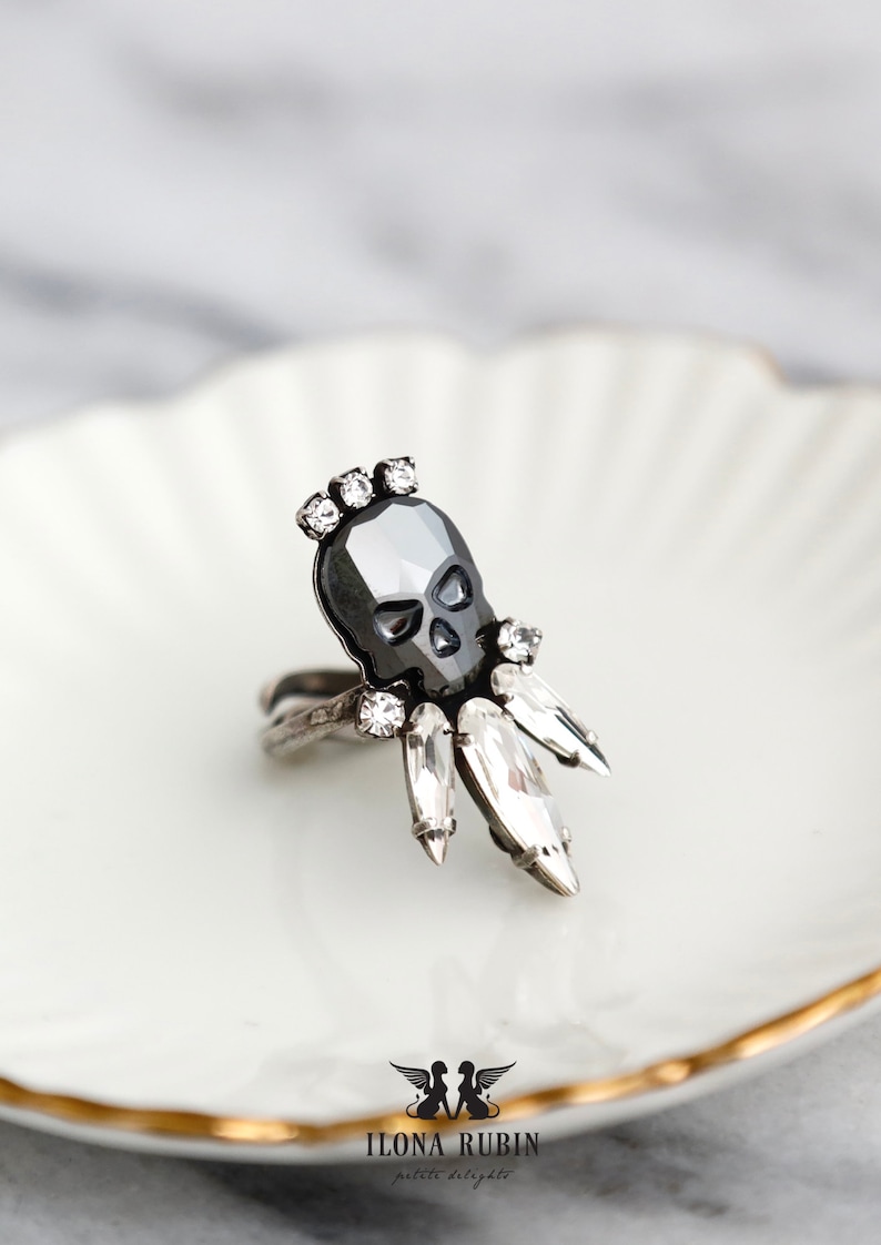 Skull Ring, Skull Gothic Black Silver Ring, Crystal Skull Ring, Gift For Her, Crystal Ring, Sugar Skull Ring, Gothic Silver Adjustable Ring.