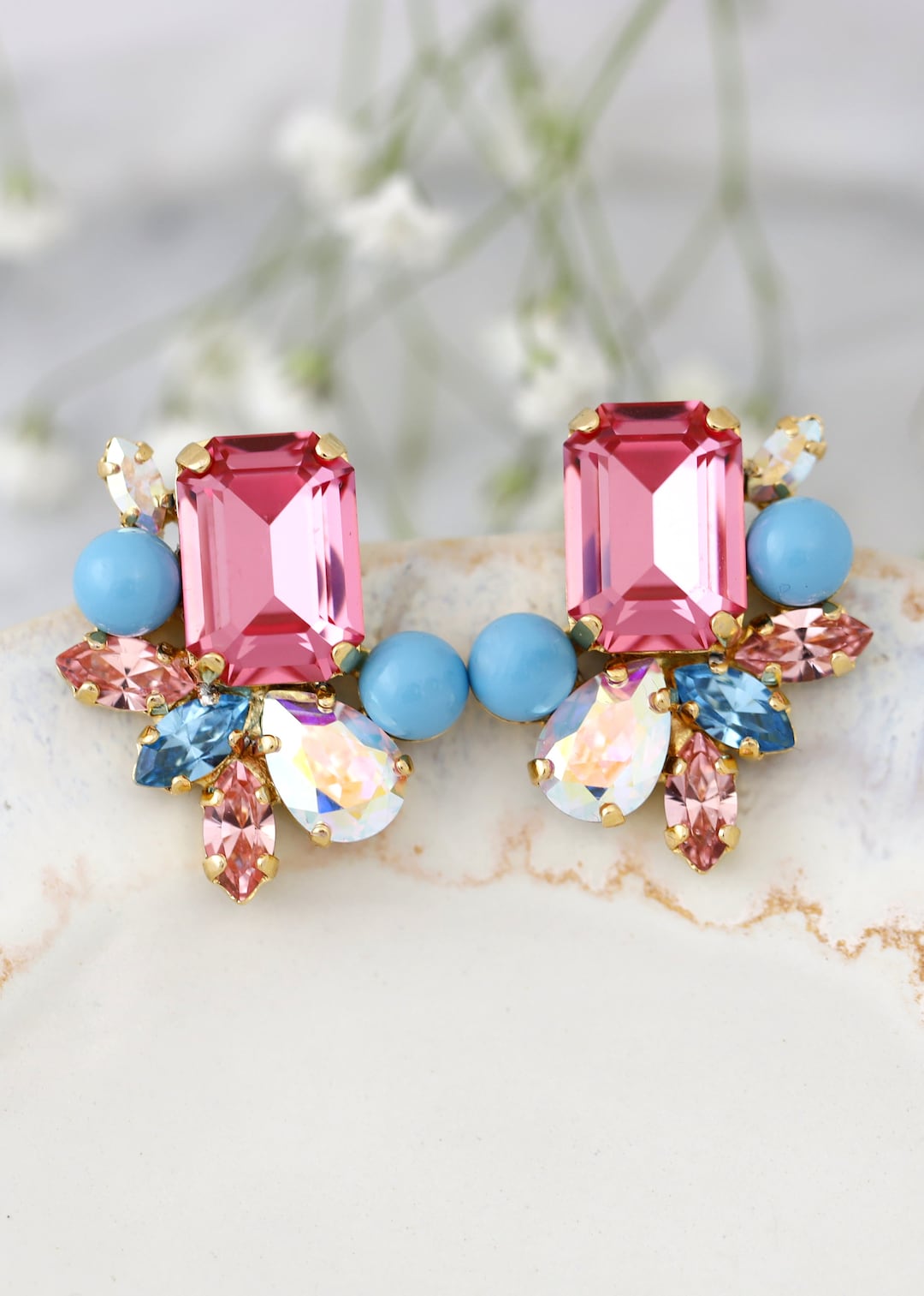 Pink Blue Cluster Crystal Earrings, Blue Pink Rhinestone Cluster