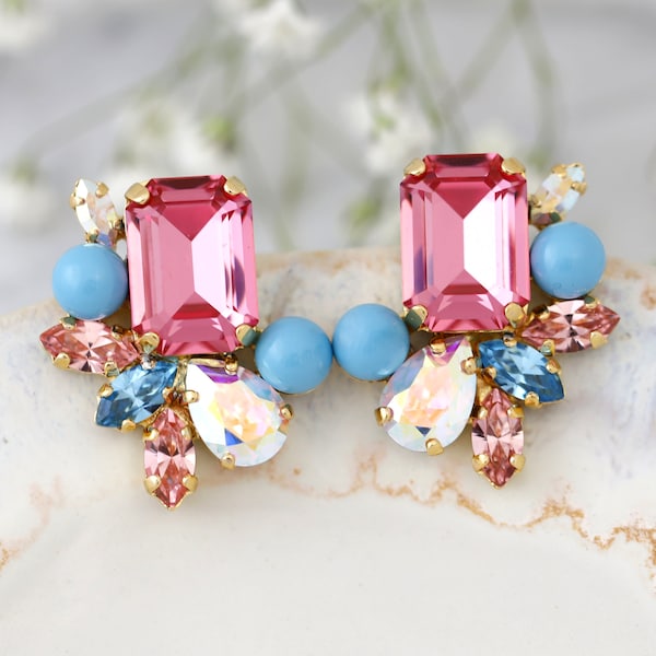 Pink Blue Cluster Crystal Earrings, Blue Pink Rhinestone Cluster Earrings, Bridal Rose Pink Crystal Stud Earrings, Gift For Her
