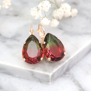 Pink Green Earrings, Tourmaline Crystal Drop Earrings, Pink Bridal Lever Back Earrings, Bridesmaids Earrings, Tourmaline  Crystal Earrings
