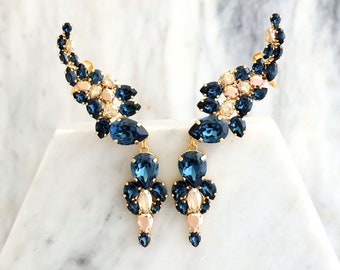 Blue Navy Climbing Earrings, Blue Navy Statement Earrings, Bridal Blue Navy Crawler Earrings, Blue Navy Crystal Gold Chandeliers