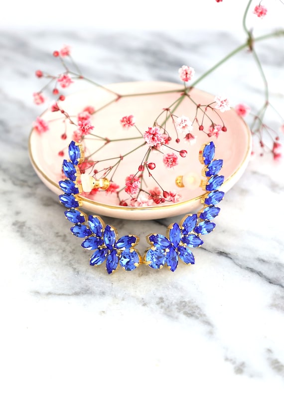 Orecchini vintage a forma di fiore in smalto blu e oro, gioielli in