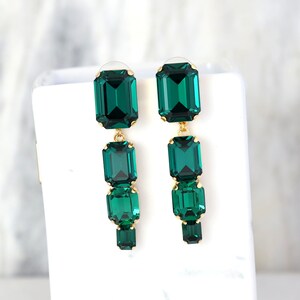 Emerald Chandelier Earrings, Emerald Green Long Crystal Earrings, Emerald Cut Drop Chandelier Earrings, Bridal Dark Green Crystal Earrings image 9