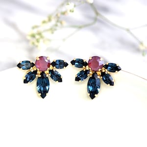 Blue Maroon Bridal Earrings, Blue Navy Crystal Earrings, Maroon Blue Navy Stud Earrings, Bridesmaids Earrings, Blue Red Cluster Earrings