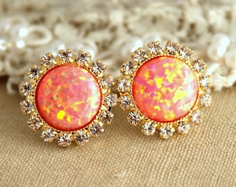 Opal Stud Earrings, Opal Studs, Fire Opal Earrings, Gift For Her, Orange Stud Earrings, Orange Crystal Earrings, Opal Gift For Her