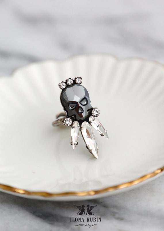 Skull Ring, Skull Gothic Black Silver Ring, Crystal Skull Ring, Gift For Her, Crystal Ring, Sugar Skull Ring, Gothic Silver Adjustable Ring.