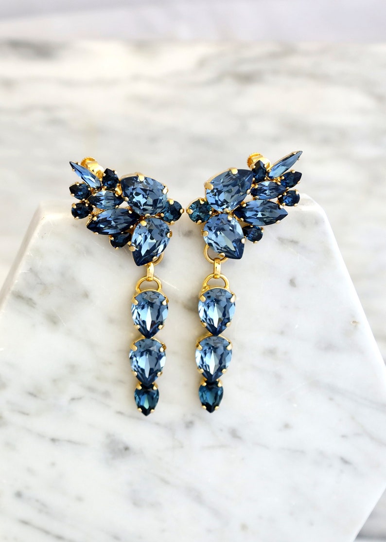 Blue Navy Chandelier Earrings, Blue Navy Climbing Chandelier Earrings, Bridal Dark Blue Earrings, Statement Blue Navy Ear Crawler Earrings image 9