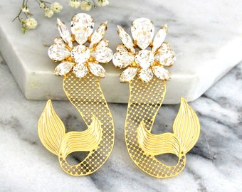 Statement Earrings, Nautical Wedding, Mermaid Earrings, Crystal Mermaid Statement Earrings, Crystal Clear Long Earrings, Trending Jewelry