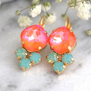 Tangerine Earrings, Coral Mint Earrings, Persimmon Earrings, Orange Green Earrings, Tangerine Drop Earrings, Bridal Earrings, Gift For Her image 1