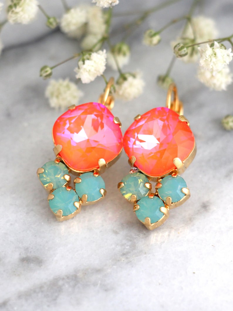 Tangerine Earrings, Coral Mint Earrings, Persimmon Earrings, Orange Green Earrings, Tangerine Drop Earrings, Bridal Earrings, Gift For Her image 1