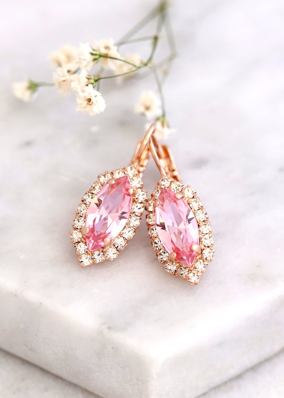 Pink Drop Earrings Light Rose Crystal Drop Earrings Bridal Pink