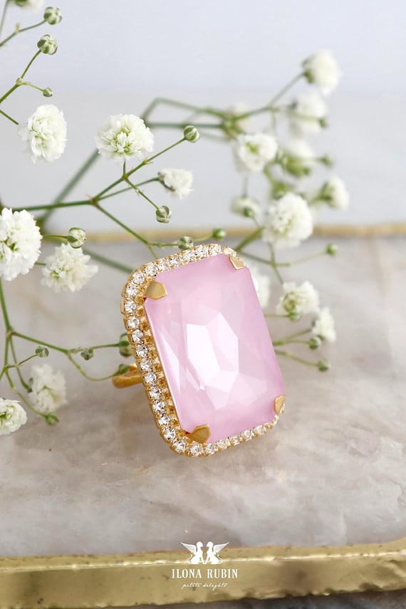 Pink Crystal Cocktail Ring, Cocktail Crystal Pink Ring, Light Pink Statement Ring, Adjustable Cocktail Ring, Pale Pink Crystal Ring.
