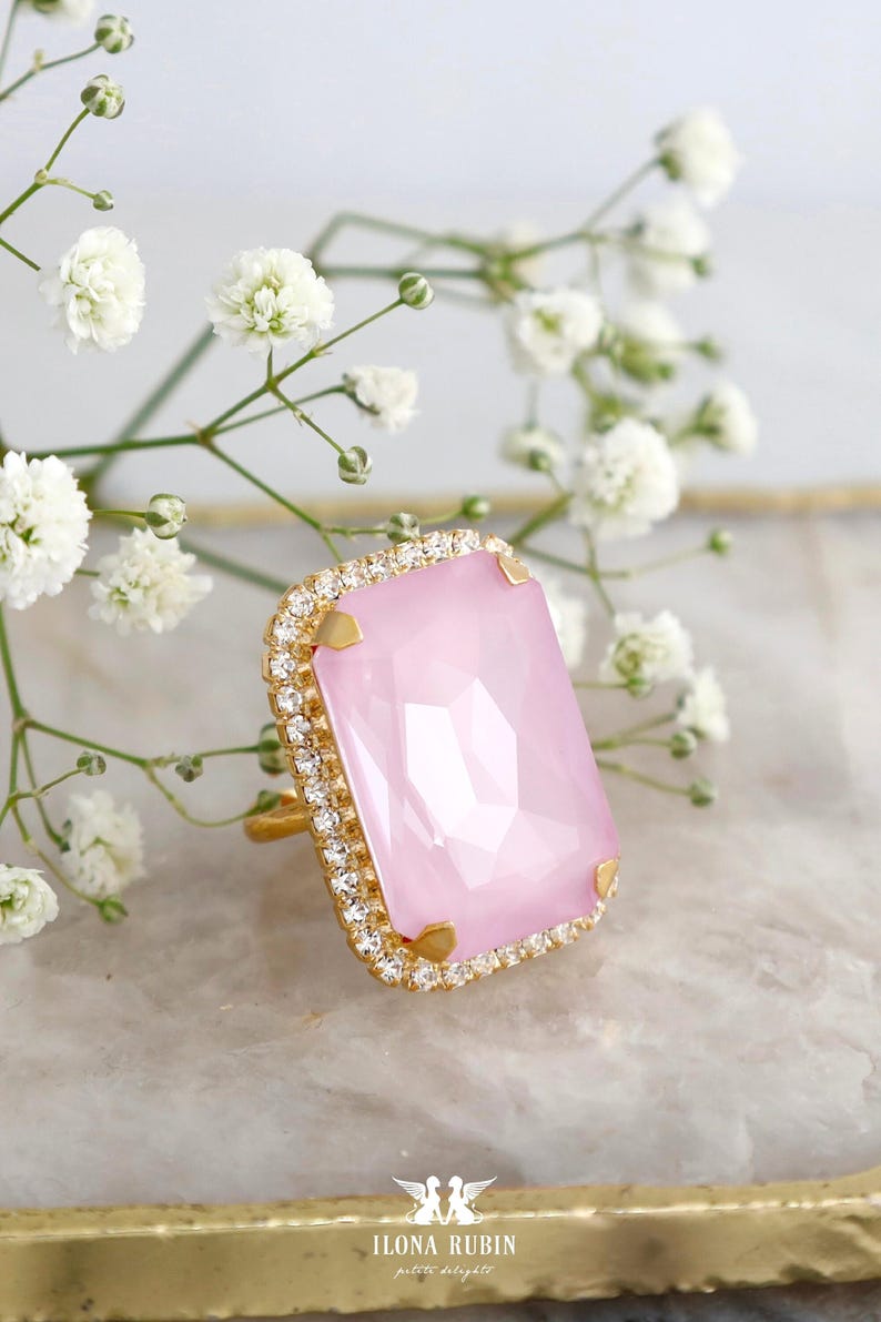 Pink Crystal Cocktail Ring, Cocktail Crystal Pink Ring, Light Pink Statement Ring, Adjustable Cocktail Ring, Pale Pink Crystal Ring. image 1