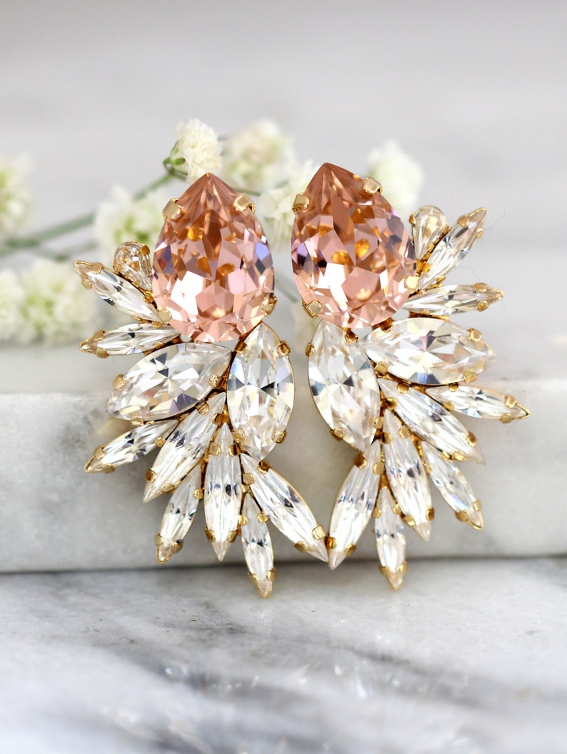 Blush Statement Earrings, Bridal Blush Earrings, Blush Bridal Earrings, Cocktail Earrings, Big Blush Earring, bridal Blush Crystal jewelry image 1