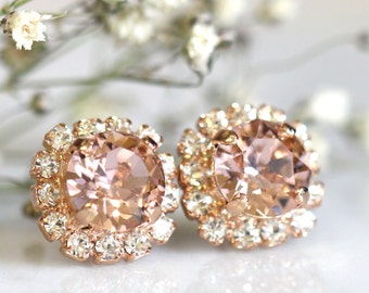 Bridal Blush Crystal Stud Earrings, Morganite Bridesmaids Stud Earrings, Rose Gold Blush Crystal Earrings, Dusty Rose Crystal Stud