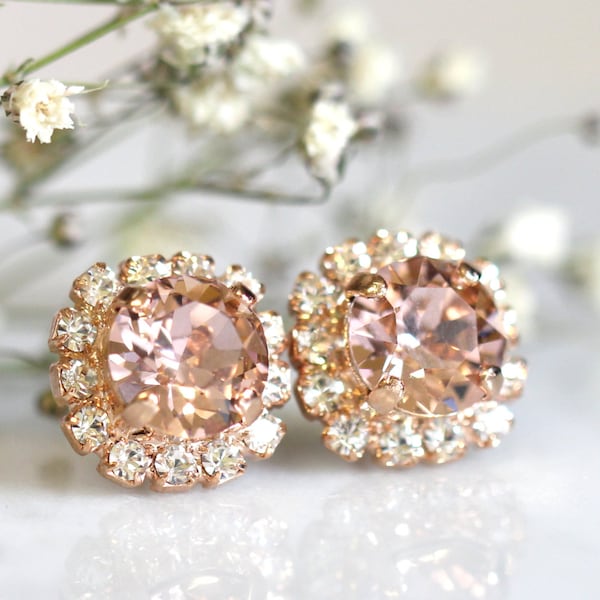 Örhängen i blush-kristall för brudtärnor, örhängen i morganit-kristall för brudtärnor, örhängen i roséguld med blush-kristaller, kristallörhängen i dammrosa