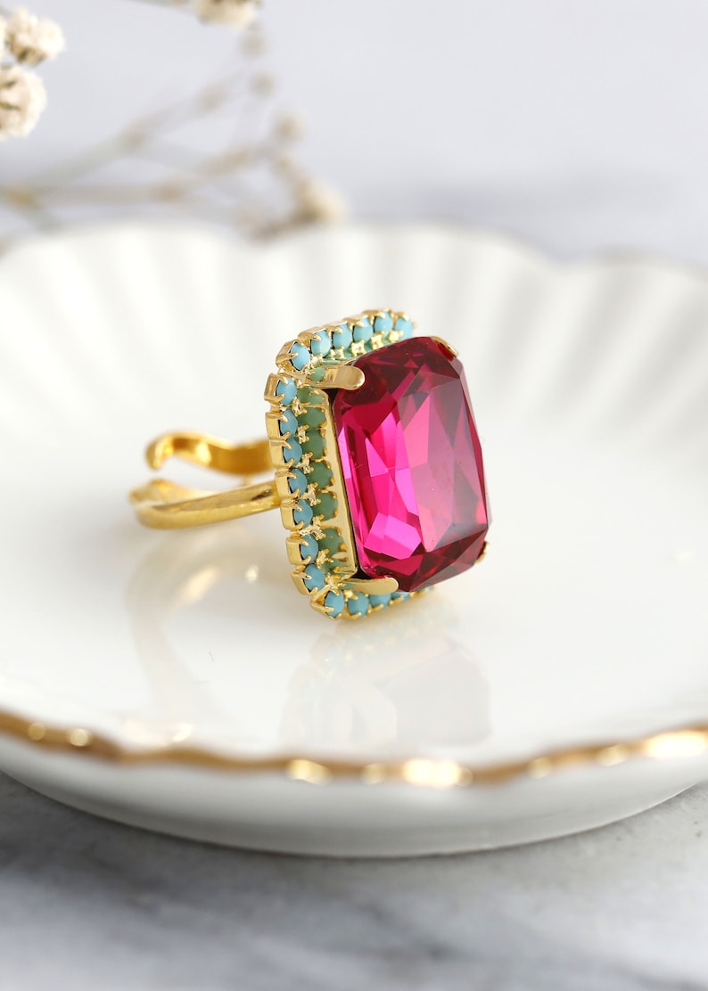 Fuchsia Pink Cocktail Ring, Hot Pink Crystal Ring, Statement Gold Crystal Pink Ring, Adjustable Cocktail Ring, Statement Magenta Gold Ring. image 7