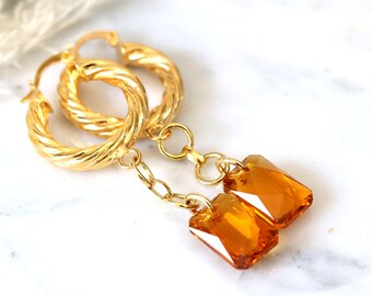 Topaz Earrings, Amber Drop Earrings, Gold Hoop Earrings, Honey Crystal Earrings, Topaz Hoop Gold Earrings, Hoop Earrings, Boho Earrings