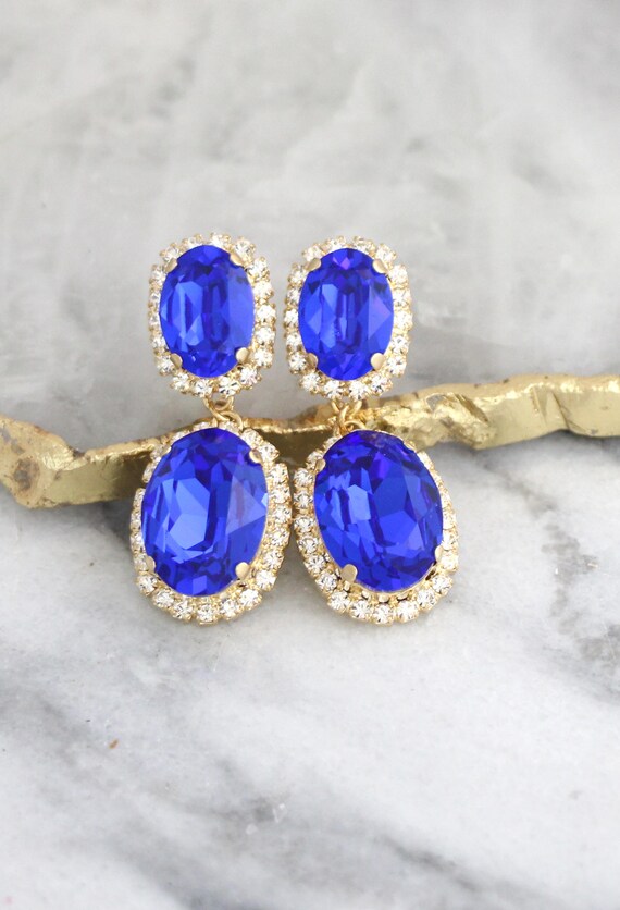 Royal Blue Drop Earrings Sapphire Bridal Royal Blue Drop Earrings Sapphire Bridal Swarovski Chandelier Crystal
