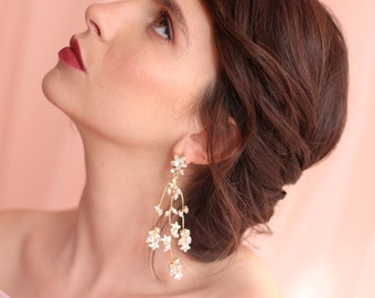 Bridal Earrings, Bridal Statement Earrings, Bridal Star Earrings, Crystal Flower Long Chandelier Earrings, Cherry Bloom Star Bridal Earrings