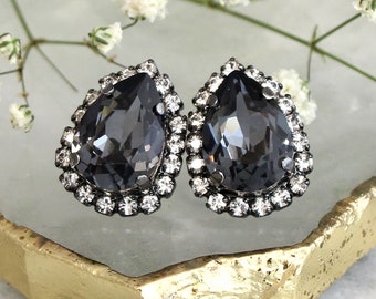 Black Crystal Stud Earrings, Black Bridal Crystal Stud Earrings, Gray Crystal Stud Earrings, Black Bridesmaids Earrings, Black Crystal Studs