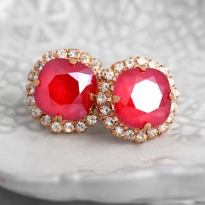 Red Stud Crystal Earrings, Ruby Red Crystal Earrings, Gift For Her, Hot Red Earrings, Bridal Crimson Red Stud Earrings, Bridesmaids Gifts