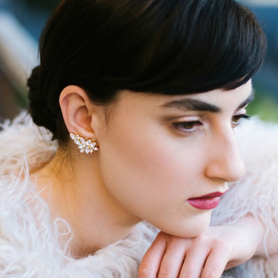 Bridal Climber Earrings White Crystal Climbing earrings Bridal Cluster Earrings Urban Bridal Earrings White Crystal Vintage Earrings