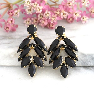 Black Earrings, Black and Gold Earrings, Black Gold Crystal Cluster Stud Earrings, Black Crystal Gold Earrings, Bridesmaids Black Earrings