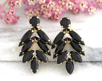 Black Earrings, Black and Gold Earrings, Black Gold Crystal Cluster Stud Earrings, Black Crystal Gold Earrings, Bridesmaids Black Earrings