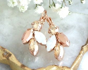 Rose Gold Earrings, Bridal Drop Earrings, Bridesmaids Earrings, Opal Rose Gold Earrings, Bridal Earrings, Gold Champagne Crystal Earrings