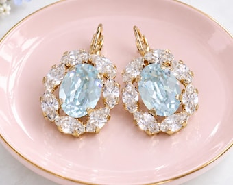 Light Blue Crystal Embellished Swarovski Crystal Earrings, Bridal Aquamarine Blue Halo Drop Earrings, Light Azore Wedding Jewelry