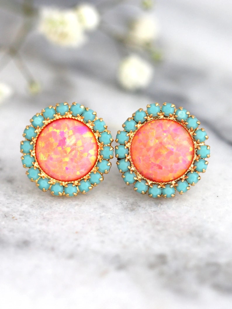Opal earrings, Coral Mint earrings, Opal Stud Earrings, Tangerine bridesmaids Earrings, Gift For Her, Orange Earrings, Fire Opal Earrings image 6