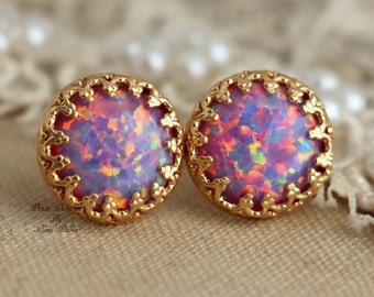 Opal Earrings, Purple Earrings, Opal Jewelry, Purple Studs, Opal Stud Earrings, Gift For Woman, Gold Opal Earrings, Christmas Gift for her