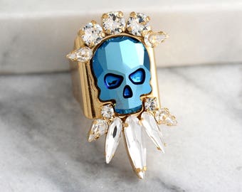 Skull Ring, Skull Punk Ring, Cocktail Ring, Gothic Ring, Sugar Skull Ring, Bridal Ring, Adjustable Skull Crystal Ring, Gift For Woman.