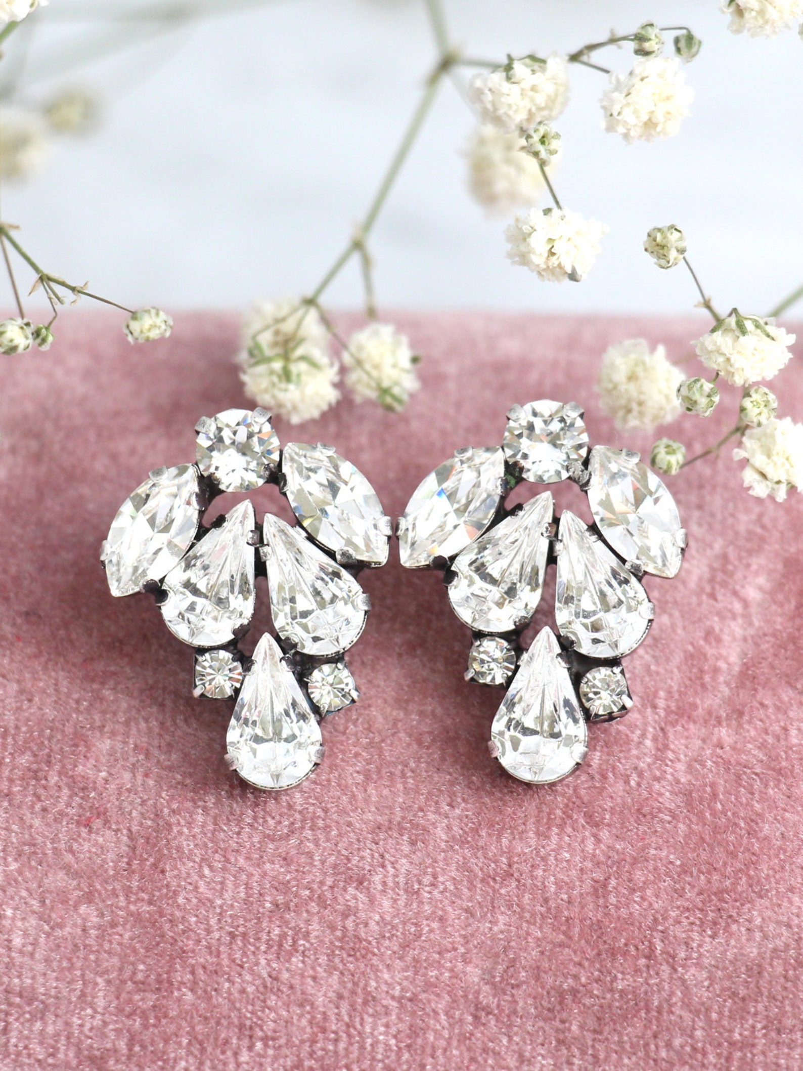 Bridal earrings Bridal Cluster earringsBridal Silver Etsy