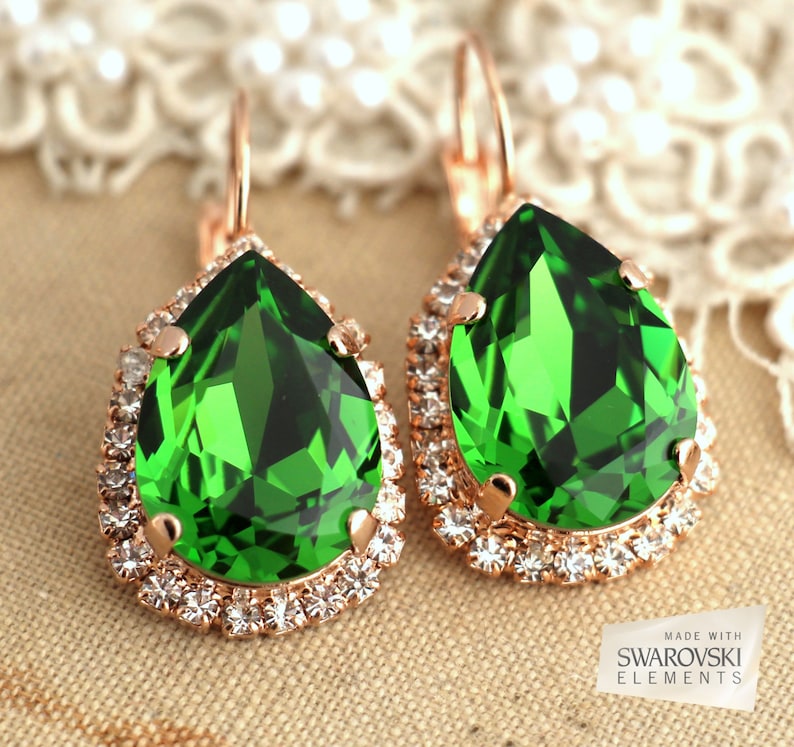 Green Earrings Green Drop Earrings Swarovski Fern Green - Etsy