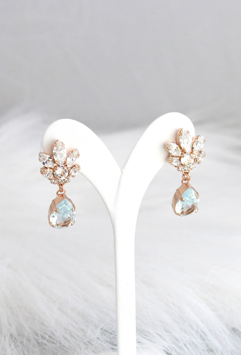 Bridal Chandeliers, Aquamarine Chandelier, Blue Sky Earrings, Bridal Earrings, Rose Gold Bridal Earrings, Bridal light Blue Drop Earrings. imagem 8