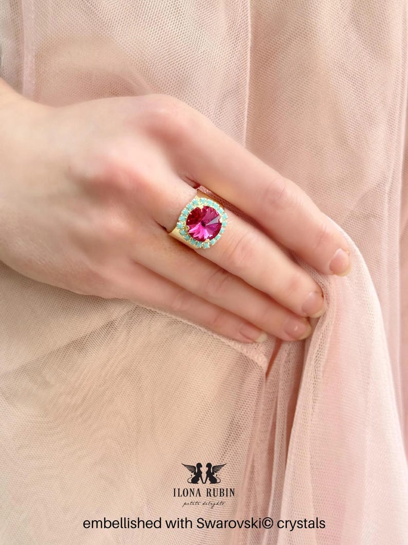 Pink Crystal ring ,Hot Pink Crystal Ring, Pink Turquoise Crystal Ring, Gift for Her, Cocktail Ring, Turquoise Pink Crystal Ring image 13